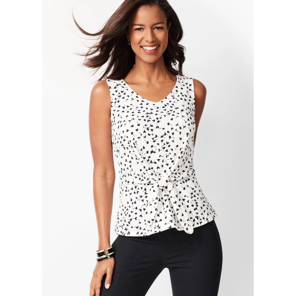 Talbots White Top Black Floral Print Sleeveless Front Tie‎ Knot Peplum Size XS